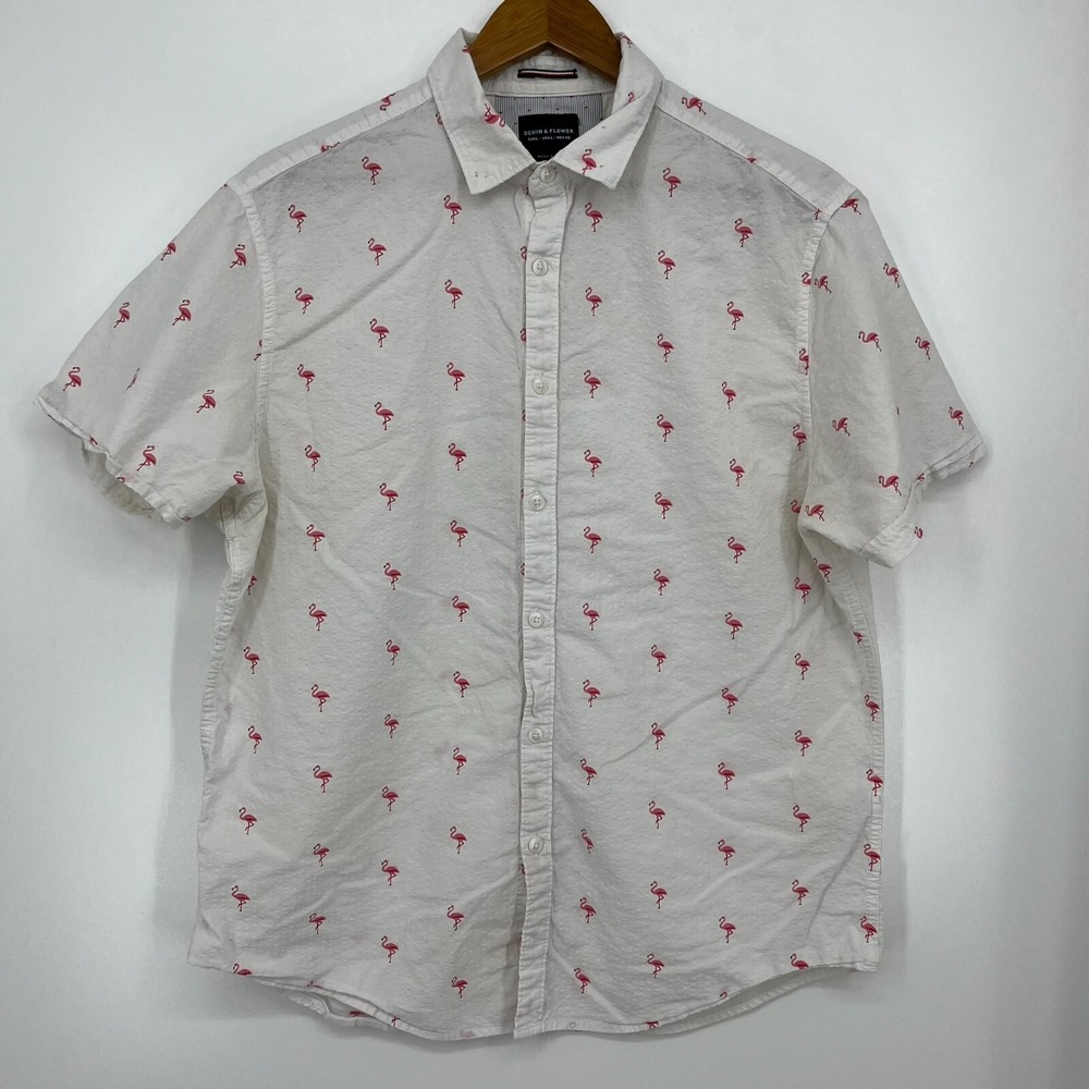 Denim & Flower Ricky Singh Mens Slim Fit Flamingo Print Short Sleeve Shirt L